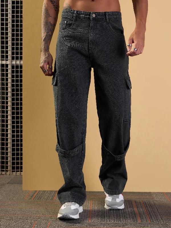 Men Grey Washed Baggy Cargo Jeans Refined Men's Hand