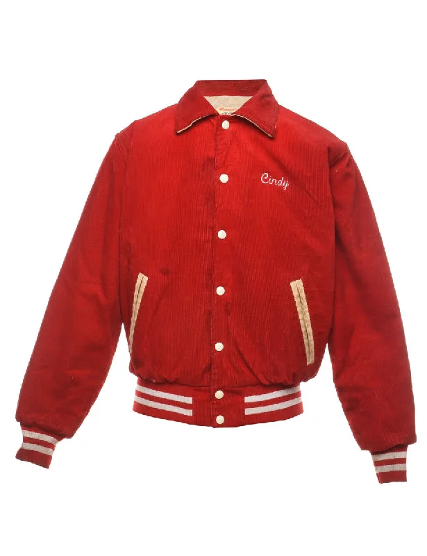 Red & Off-White Embroidered Corduroy Varsity Jacket  - S Unique Men's Upcycled