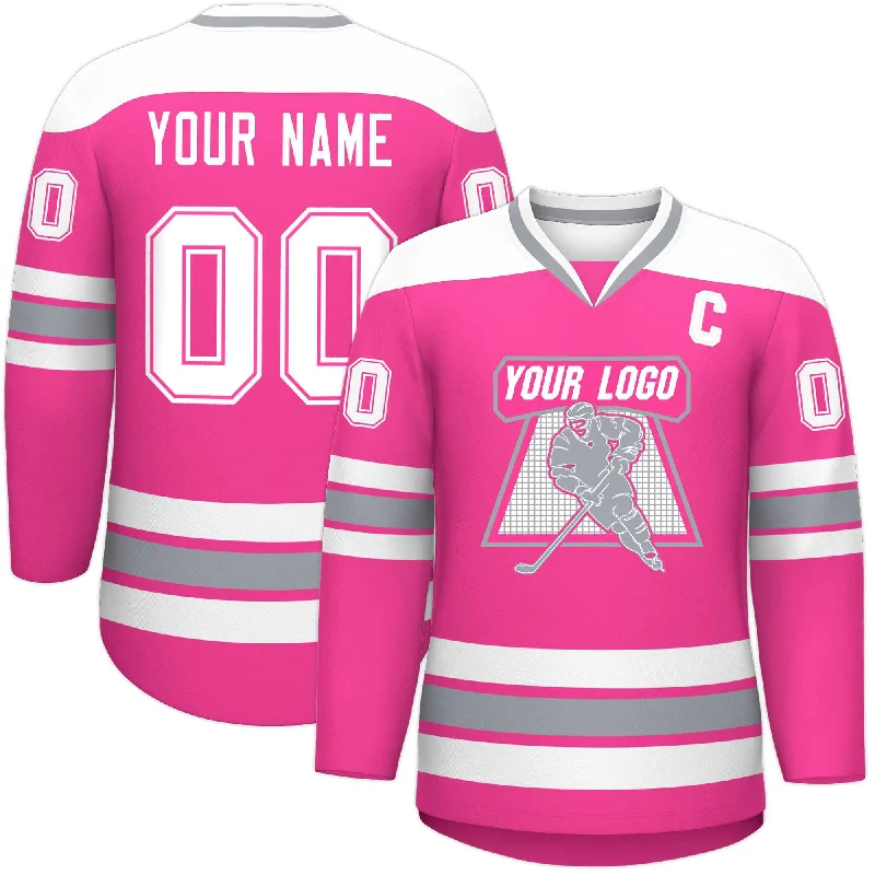 Custom Pink White-Gray Personalized Classic V-Neck Hockey Jersey Traditional Men's Wool