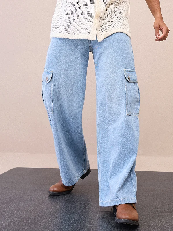 Men Light Blue Wide Leg Cargo Jeans Earthy Men's Hemp