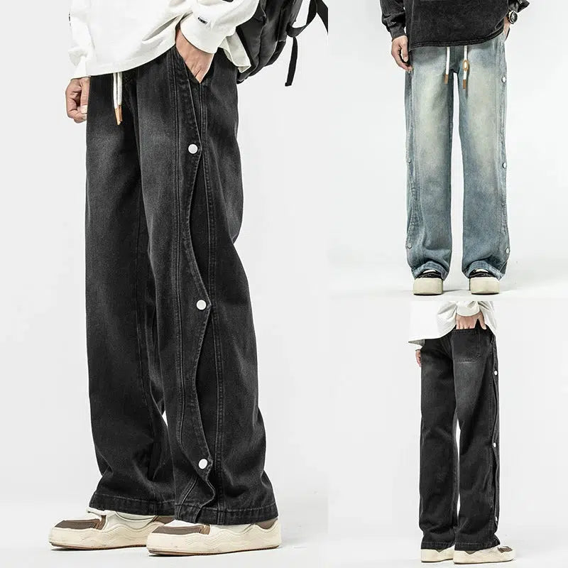 Washed Side-button Drawstring Jeans Elegant Men's Cashmere