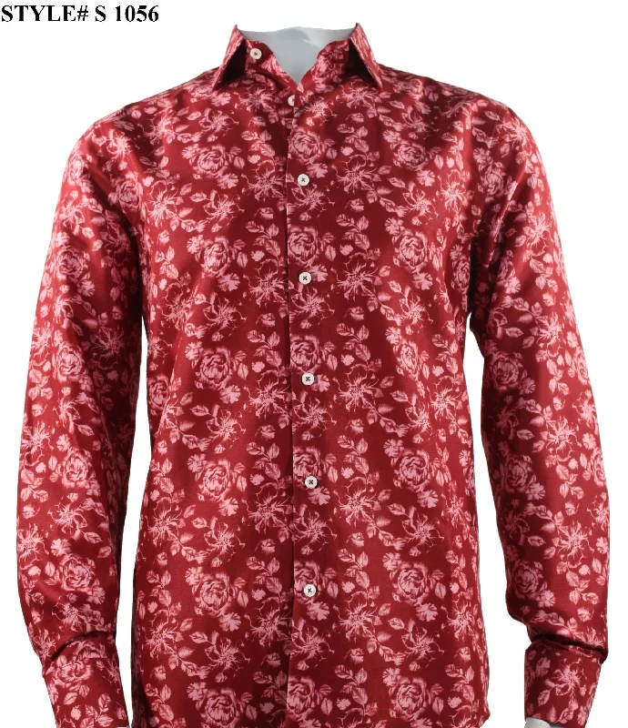 Sangi Long Sleeve Button Down Printed Men's Shirt - Floral Pattern Red #S 1056 Artistic Men's Hand