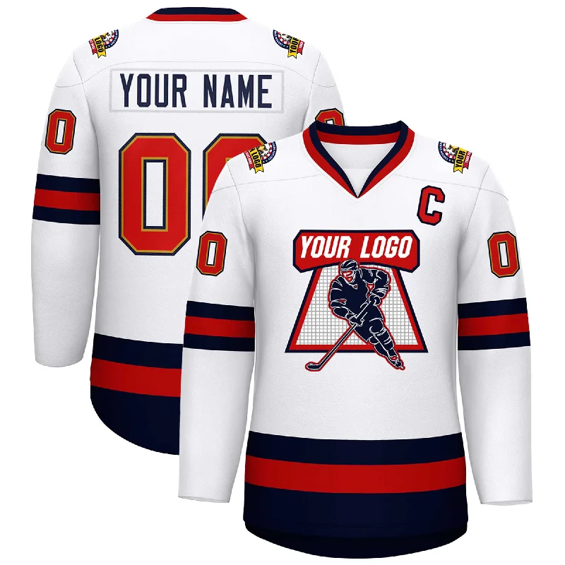 Custom White Navy Old Gold-Red Classic Style Hockey Jersey Sleek Men's Metallic