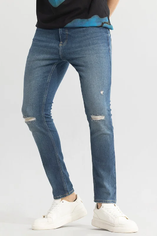 Euphoria Denim Blue Distressed Skinny Fit Jeans Monochromatic Office Style