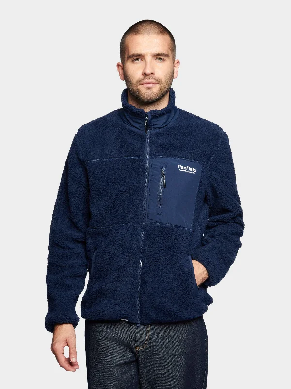 Hudson Script Borg Fleece Jacket in Navy Blue Preppy Men's College