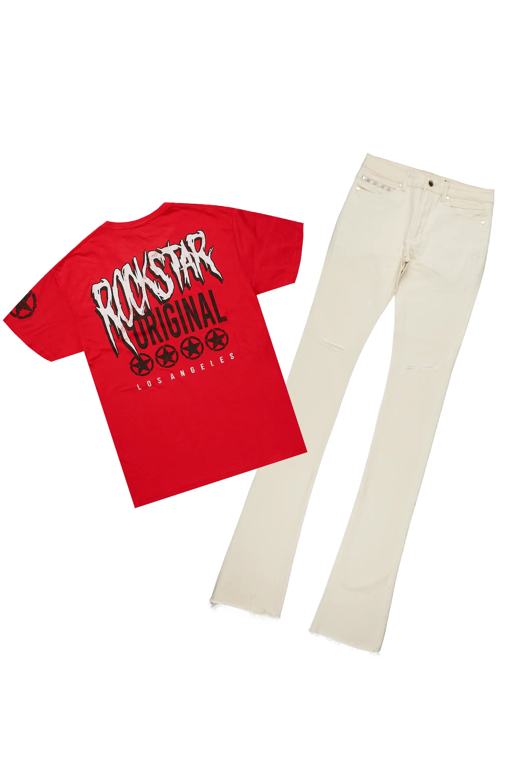 Wizzurd Red T-Shirt & Josiah Beige Super Stacked Flare Jean Bundle Traditional Men's Wool