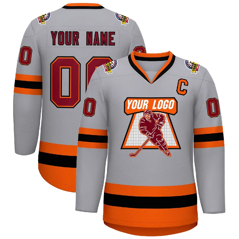 Custom Gray Crimson Orange-Black Classic Style Hockey Jersey Laid