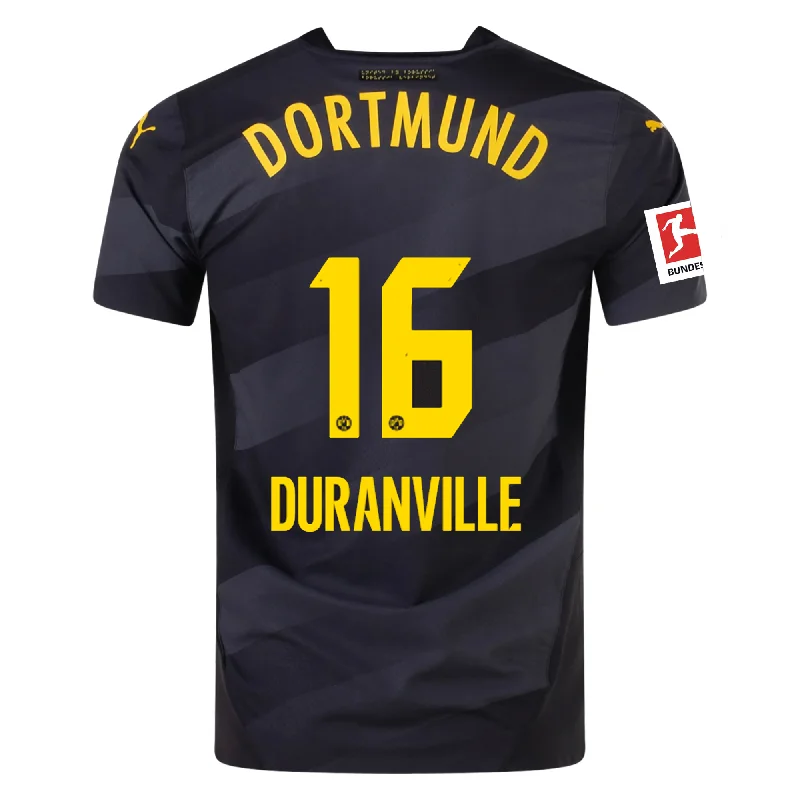 Puma Borussia Dortmund Authentic Julien Duranville Away Jersey w/ Bundesliga Patch 24/25 (Puma Black/Faster Yellow) Hip Men's Retro