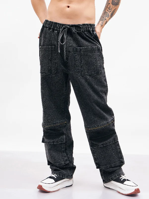 Men Black Front Zipper Baggy Fit Jeans Dynamic Men's High