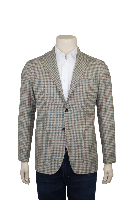 Aqua Brown Tan Check Sport Coat Athletic Men's High