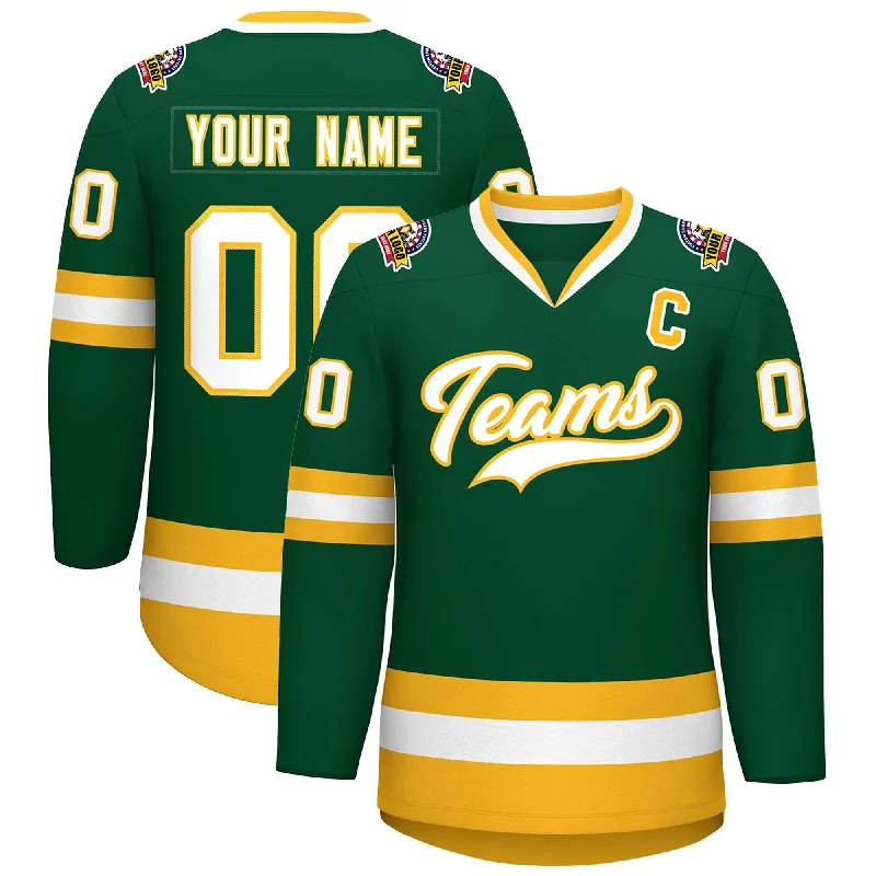 Custom Green White-Gold Classic Style Hockey Jersey Tailored