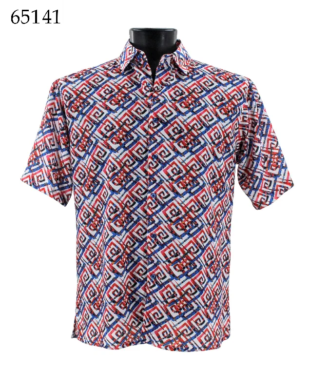 Bassiri Short Sleeve Button Down Casual Printed Men's Shirt -Geometric Pattern Red #65141 Classic Men's Pin