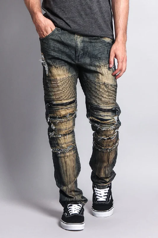 Zipper Cut Grease Wash Biker Jeans Minimalist Men's Casual 