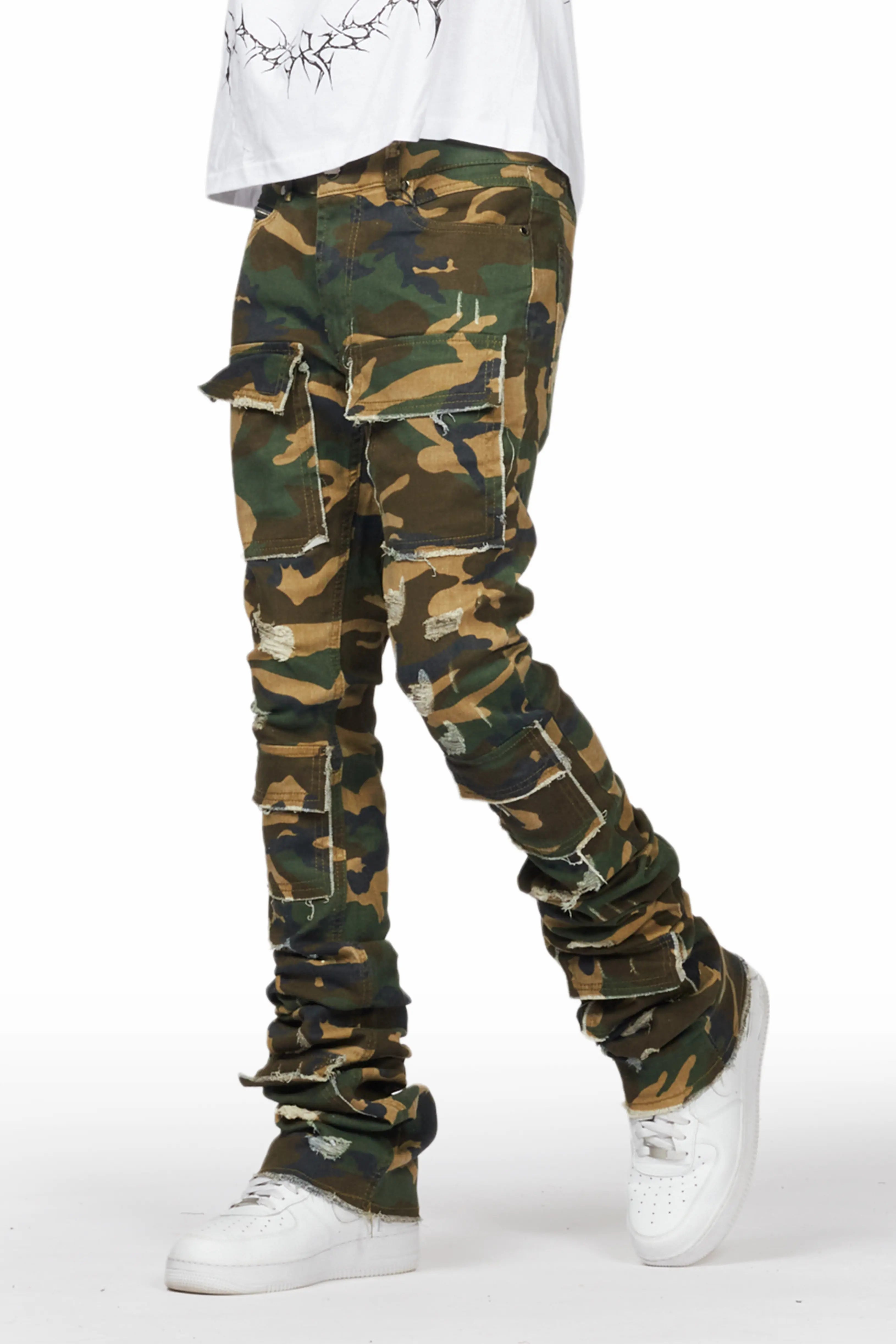 Piet Green Camo Cargo Super Stacked Flare Jean Trendy Men's Scandinavian