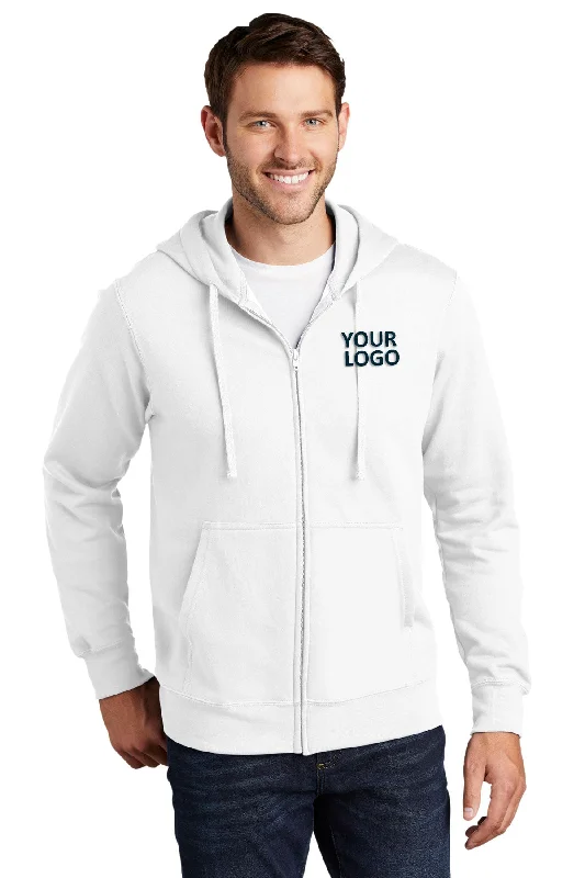 Port & Company Fan Favorite Fleece Branded Zip Hoodies, White Trendy Men's Oversized