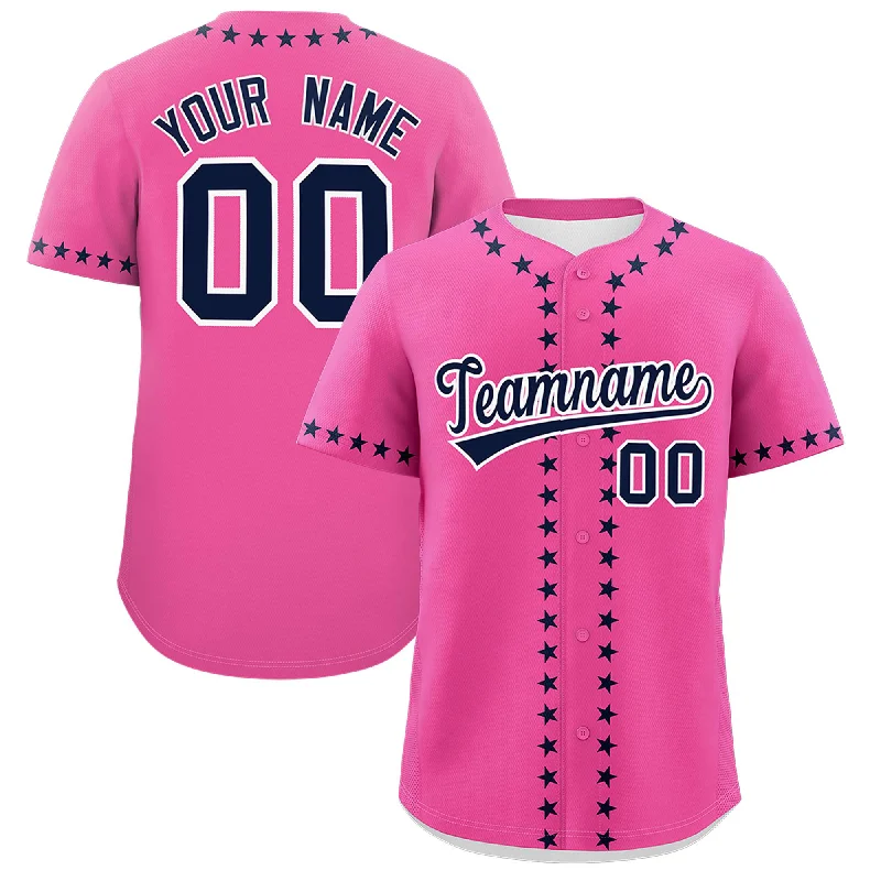 Custom Pink Navy Star Ribbing Authentic Baseball Jersey Artistic Men's Hand