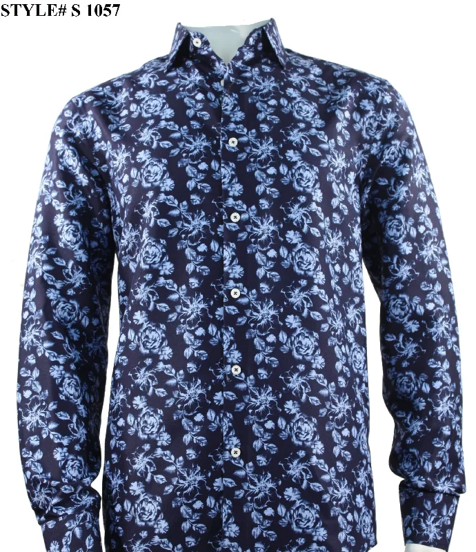 Sangi Long Sleeve Button Down Printed Men's Shirt - Floral Pattern Navy #S 1057 Sporty Men's Tennis