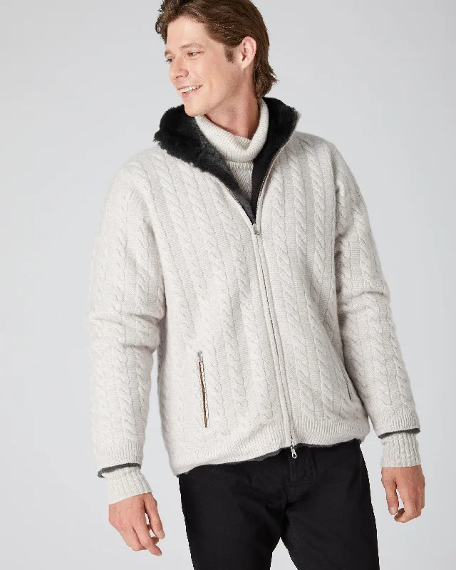 Men's Fur Lined Cable Cardigan Snow Grey Athletic Men's High