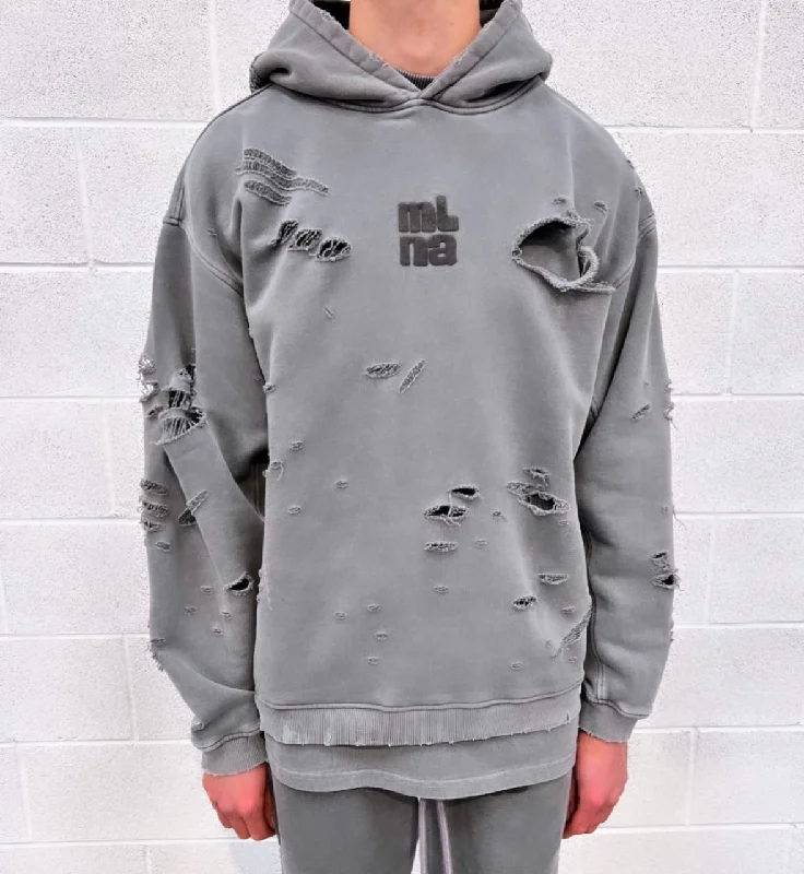 Washed Charcoal Heavyweight Distressed Hoodie. Sporty Men's Athleisure 