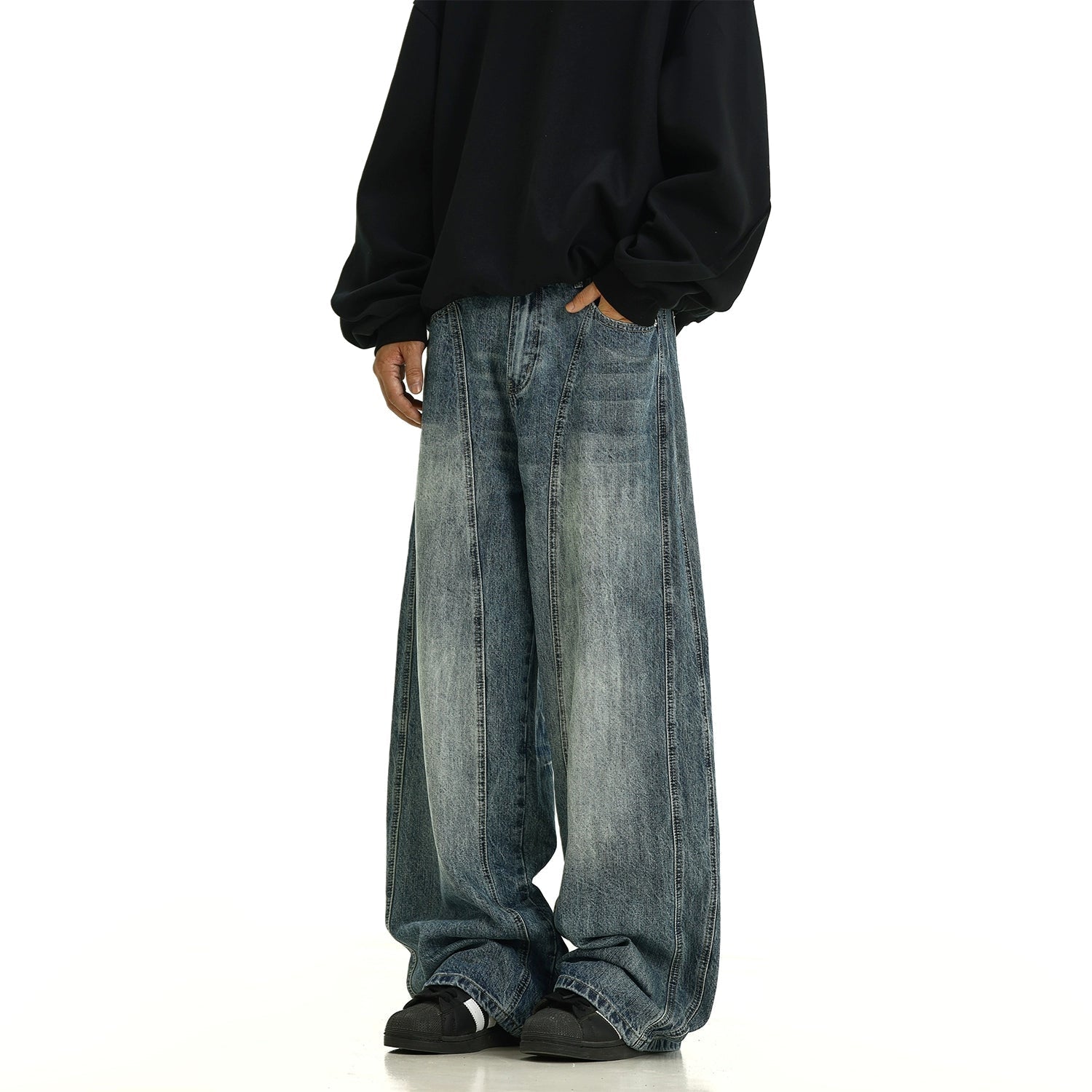 Blue Wide-Leg Jeans Hip Men's Retro