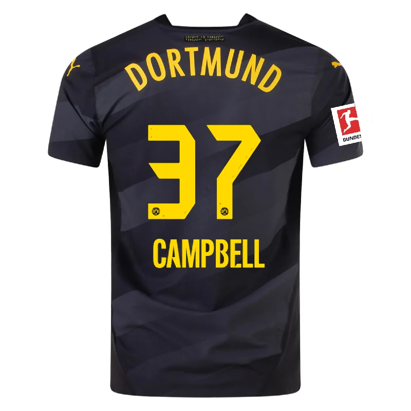 Puma Borussia Dortmund Authentic Cole Campbell Away Jersey w/ Bundesliga Patch 24/25 (Puma Black/Faster Yellow) Polished Men's Satin