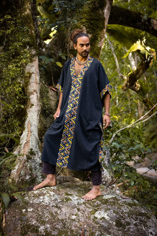 KAFATU Mens Black Kaftan Kurta Top African Tribal Patterns Handmade Robe Natural Cotton with Pockets Ceremony Ritual Festival Boho AJJAYA Luxurious Men's High