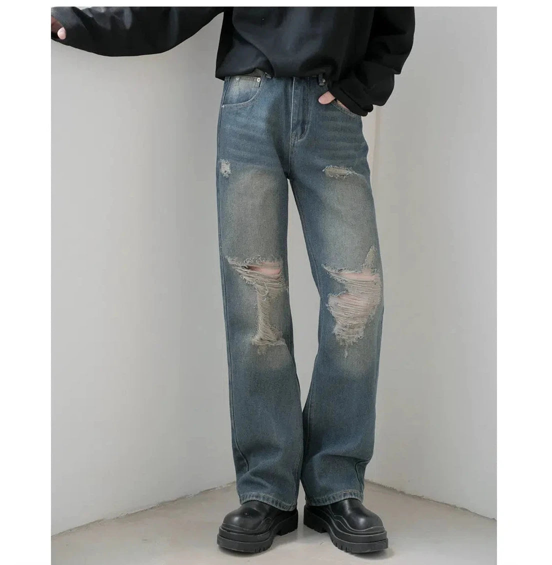 Distressed Wide-Leg Jeans Rugged Men's Outdoor 