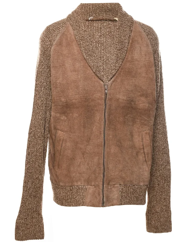 Brown Suede Knit Sleeved Jacket - M Traditional Men's Country