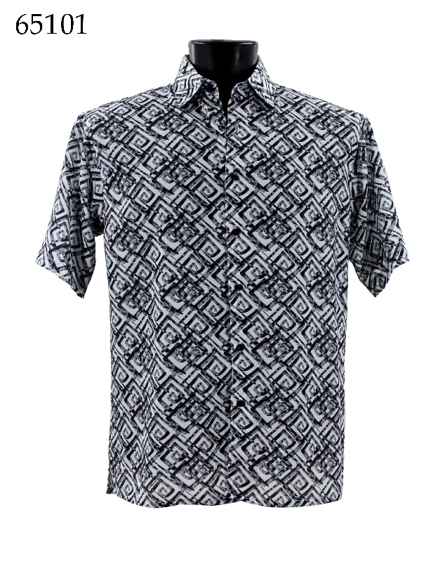 Bassiri Short Sleeve Button Down Casual Printed Men's Shirt -Geometric Pattern White #65101 Unique Men's Patch