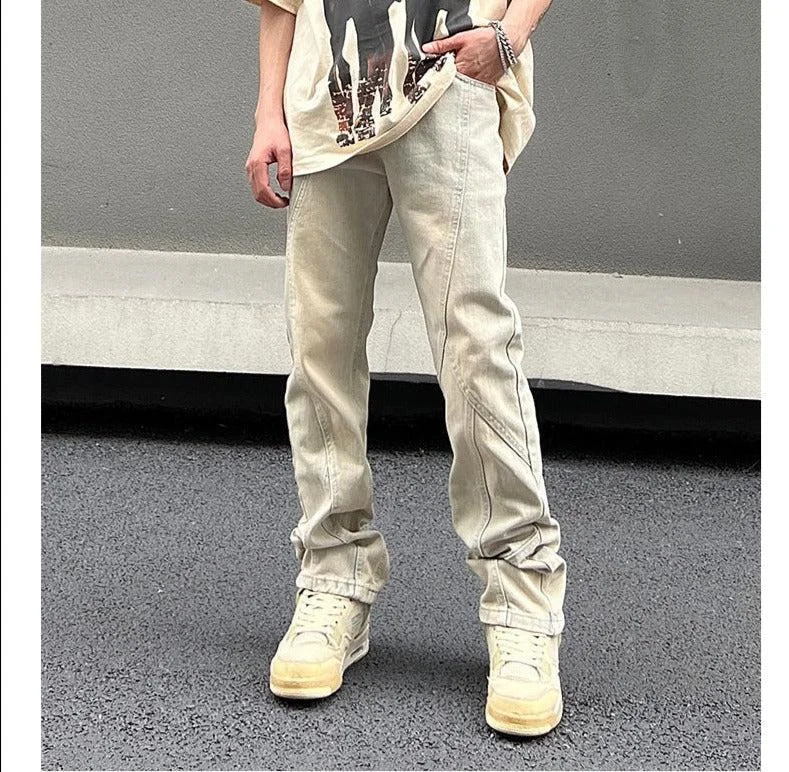 Retro Yellow Mud Straight Stitching Jeans Bohemian Men's Free