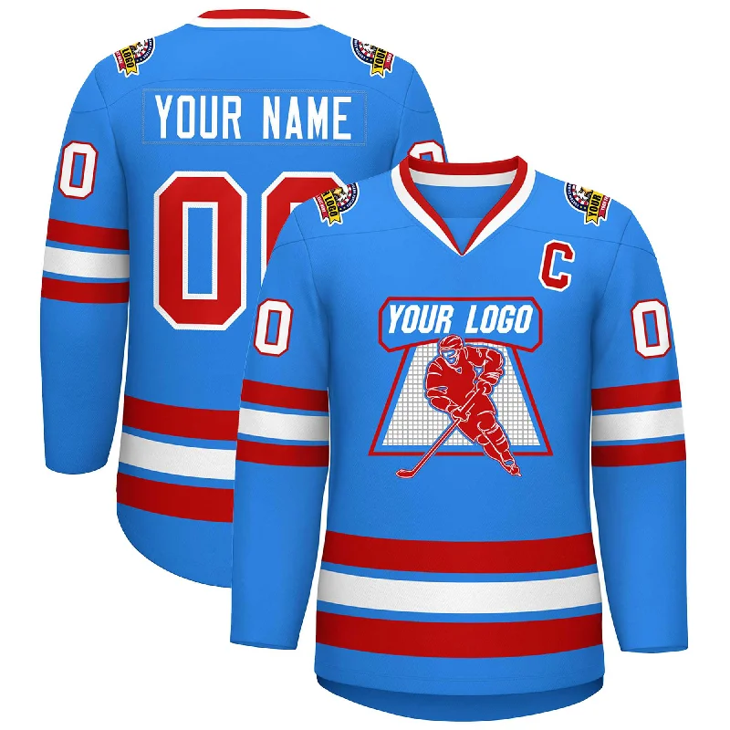 Custom Powder Blue Red-White Classic Style Hockey Jersey Refined Men's Velvet