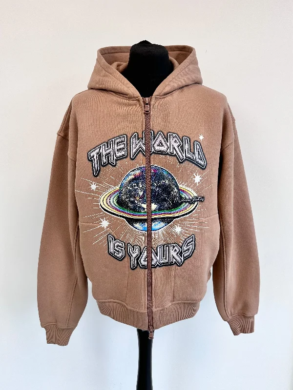 Brown Heavyweight Planet Zip Hoodie. Dapper Men's 1920S