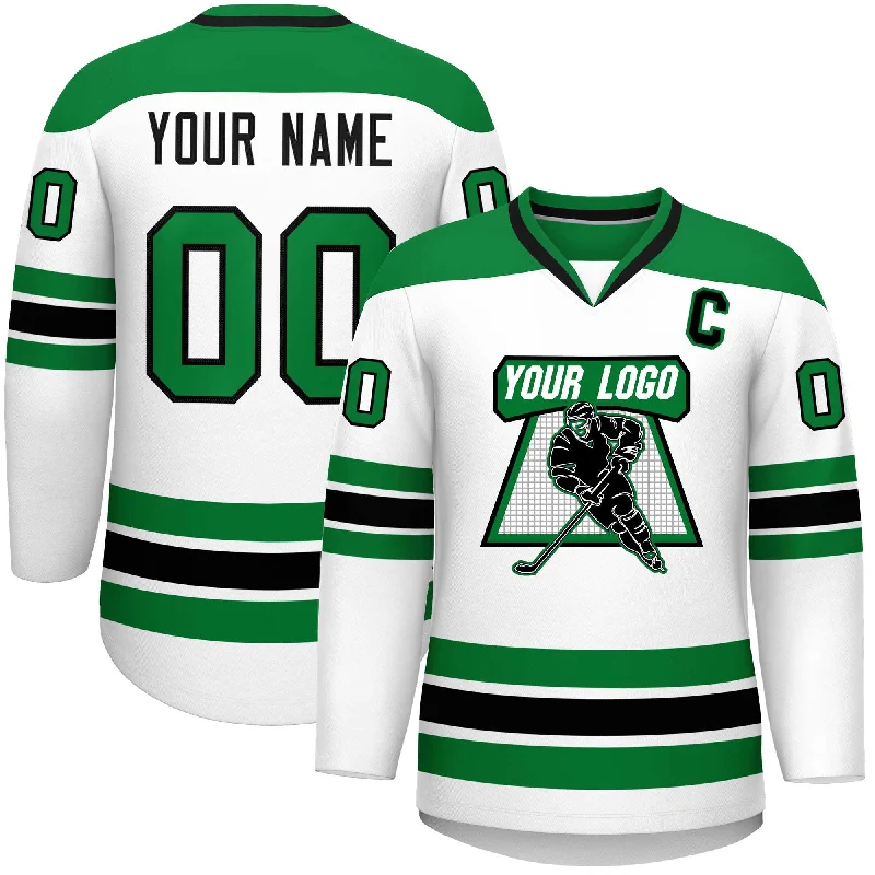 Custom White Kelly Green-Black Personalized Classic V-Neck Hockey Jersey Relaxed Men's Australian 