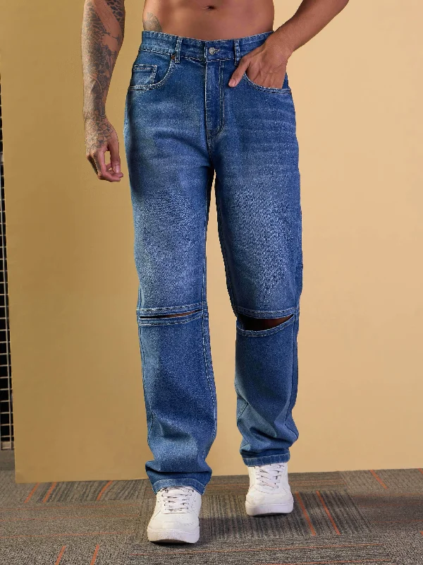 Men Blue Knee Slit Open Relax Fit Jeans Cool Men's Distressed