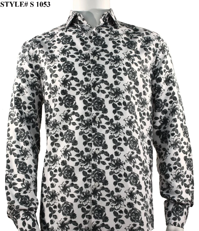 Sangi Long Sleeve Button Down Printed Men's Shirt - Floral Pattern Black #S 1053 Cclassic Men's Tweed