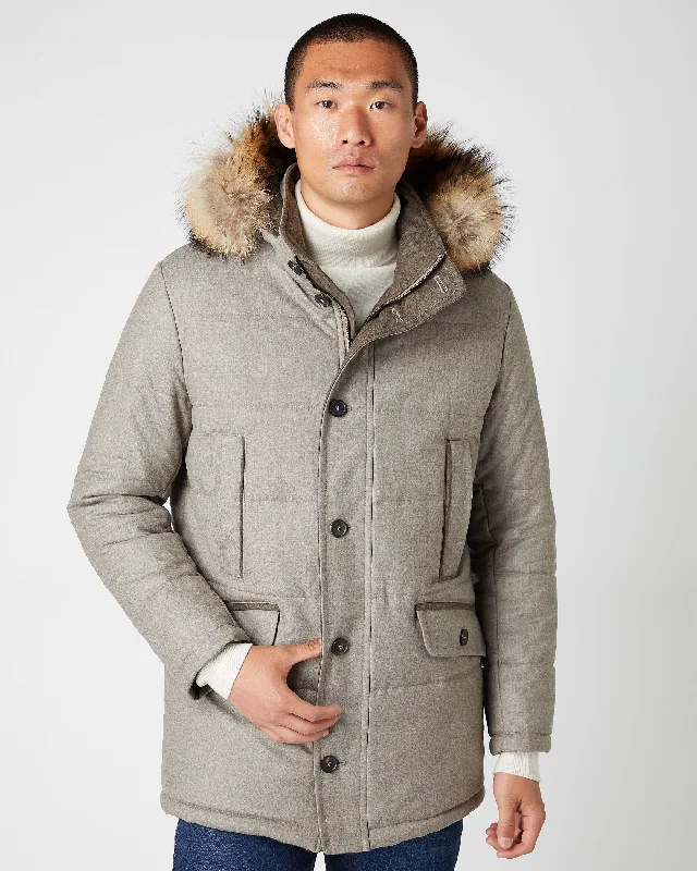 Men's Fur Trim Woven Coat Mid Grey Stylish Men's Neon