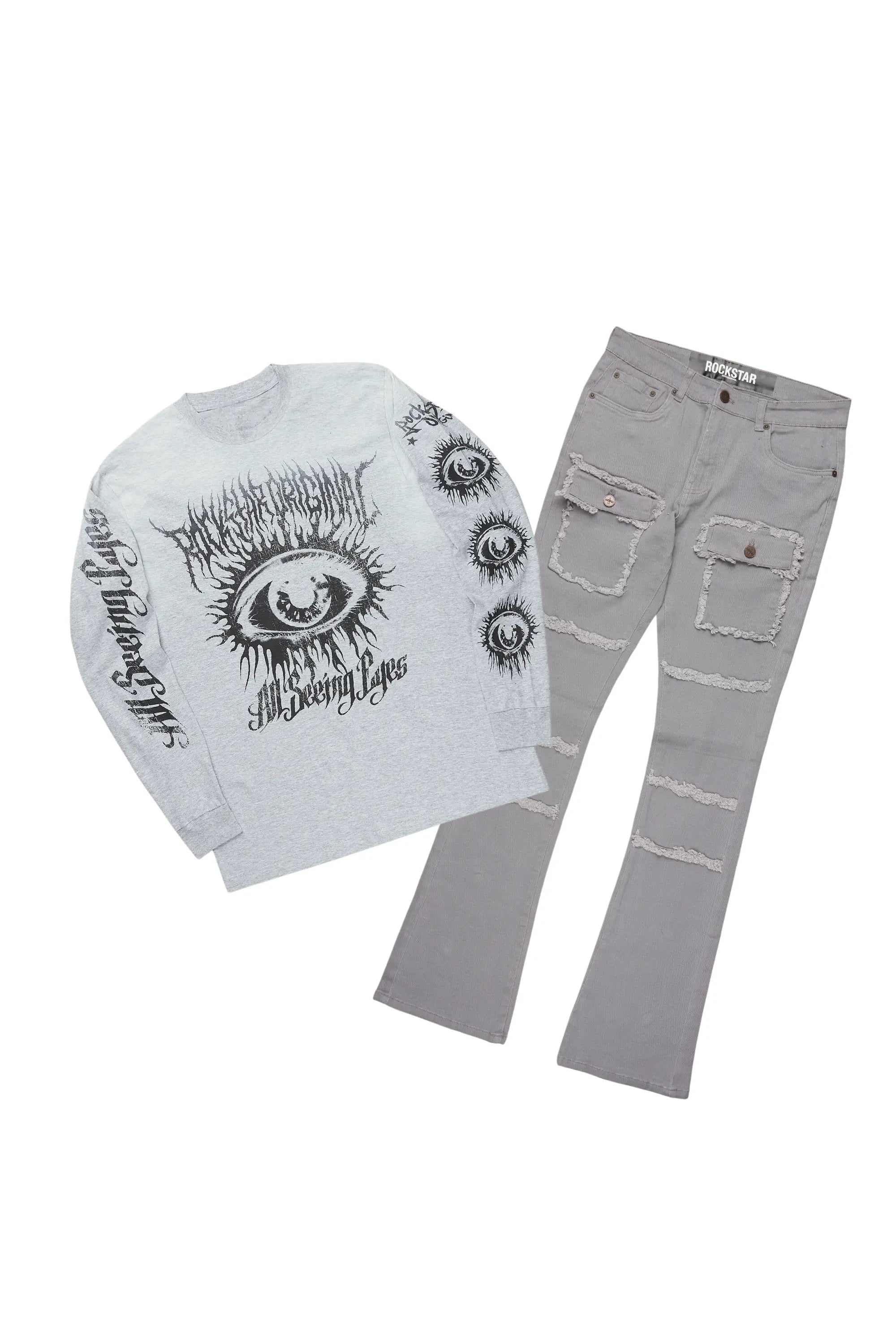 All Seeing Eyes Grey Long Sleeve T-Shirt/Stacked Flare Cargo Jean Bundle Refined Men's Velvet