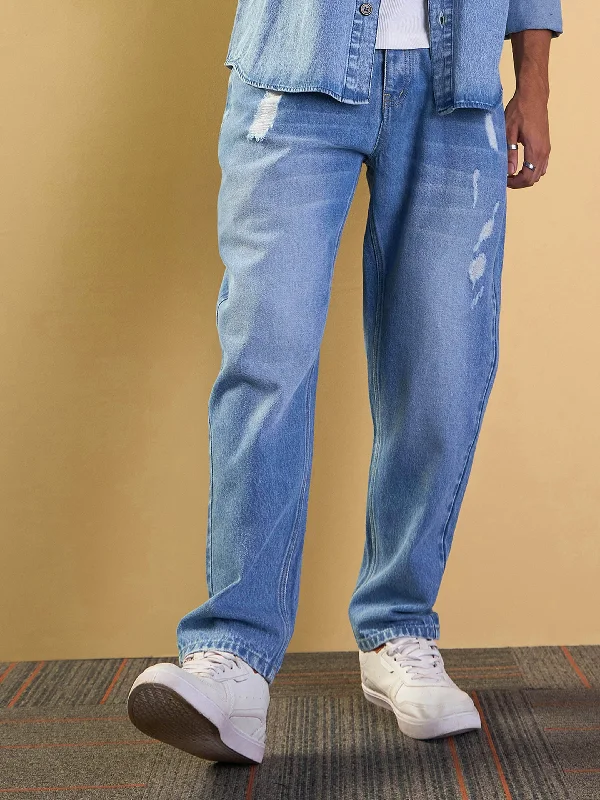 Men Blue Washed Distressed Relax Fit Jeans Casual Men's Japanese 