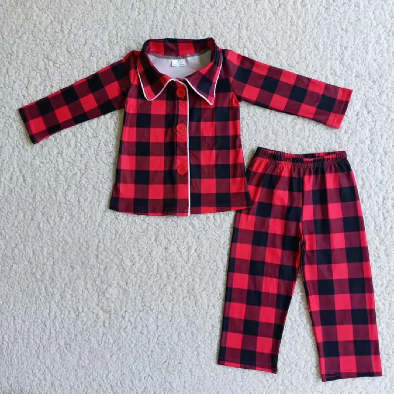 6 B8-24 Christmas Red Black Plaid Boys Long Sleeve Pants Outfits Collar Pajamas Bohemian Men's Free