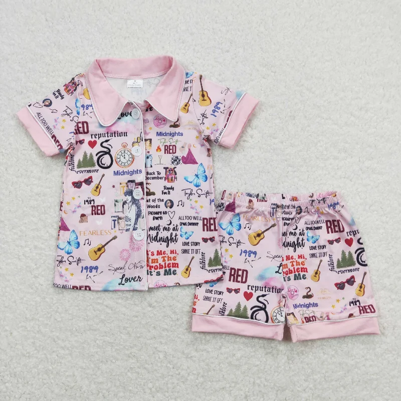 GSSO0578 Taylor Swift Pink Button short sleeve top shorts Pajamas sets boutique girls clothing sets summer outfit RTS 202501 Laid