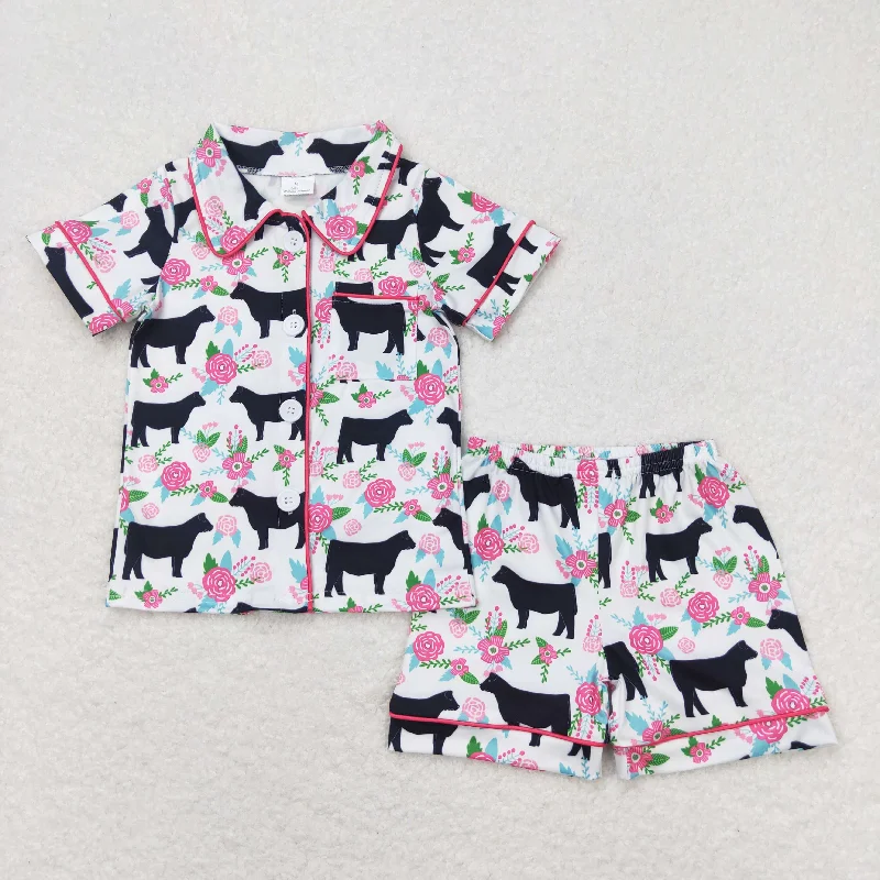 GSSO0590 Sweet Girl Hot Pink Black Cow Flower short sleeve top shorts pajamas Girls boutique summer outfit 202501 Sleek Men's Contemporary 