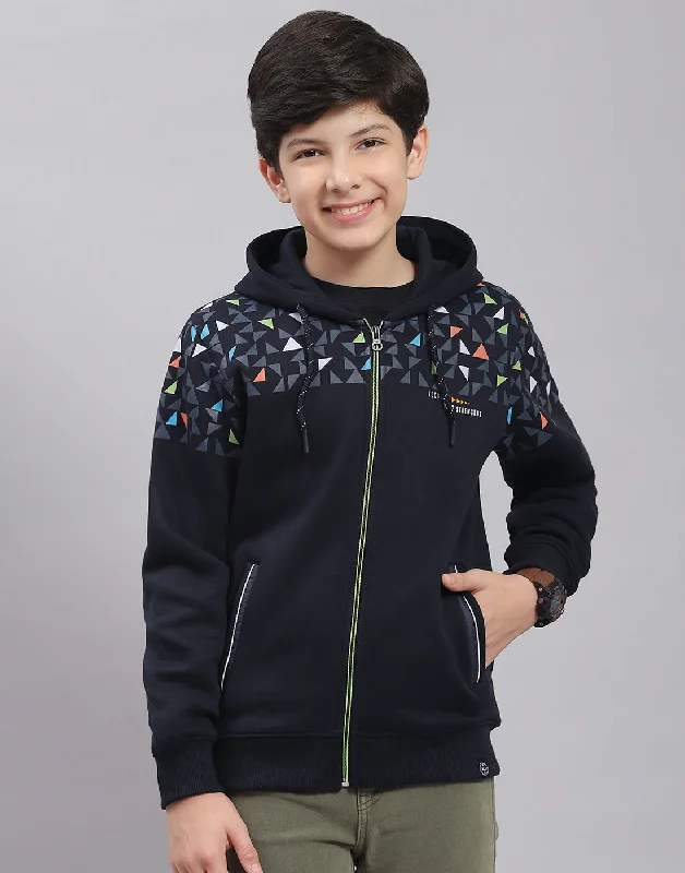 Boys Navy Blue Printed Hooded Full Sleeve Sweatshirt Organic