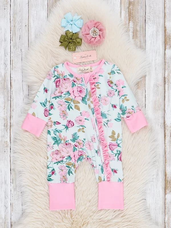 Pink Rose Garden Ruffle Sleeper Pajamas Laid