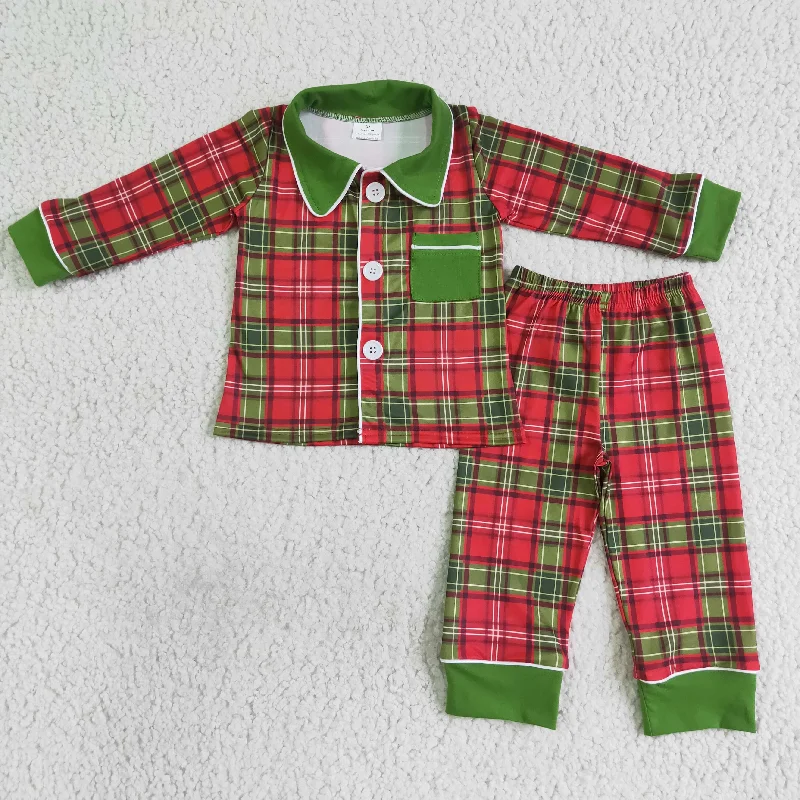 BLP0049 Christmas Green Red Plaid Print Pockets Collar Boys Long Sleeve Pajamas Sporty Men's Athleisure 