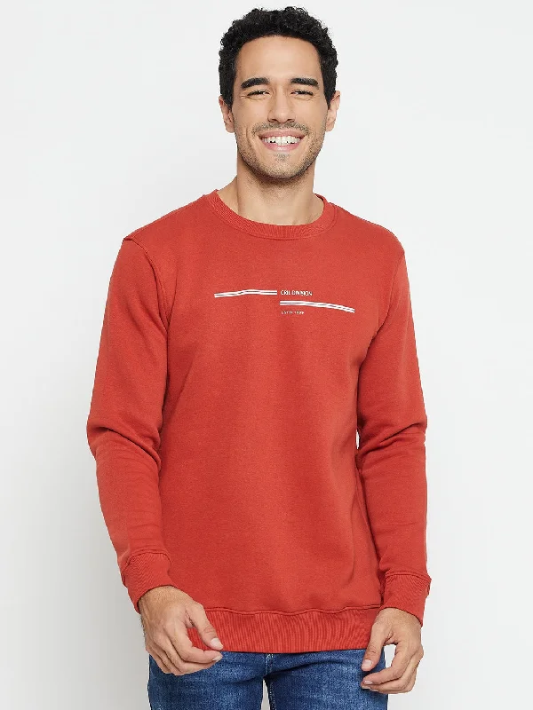 Solid Rust Full Sleeves Round Neck Regular Fit Casual Sweatshirt for Men Vacation