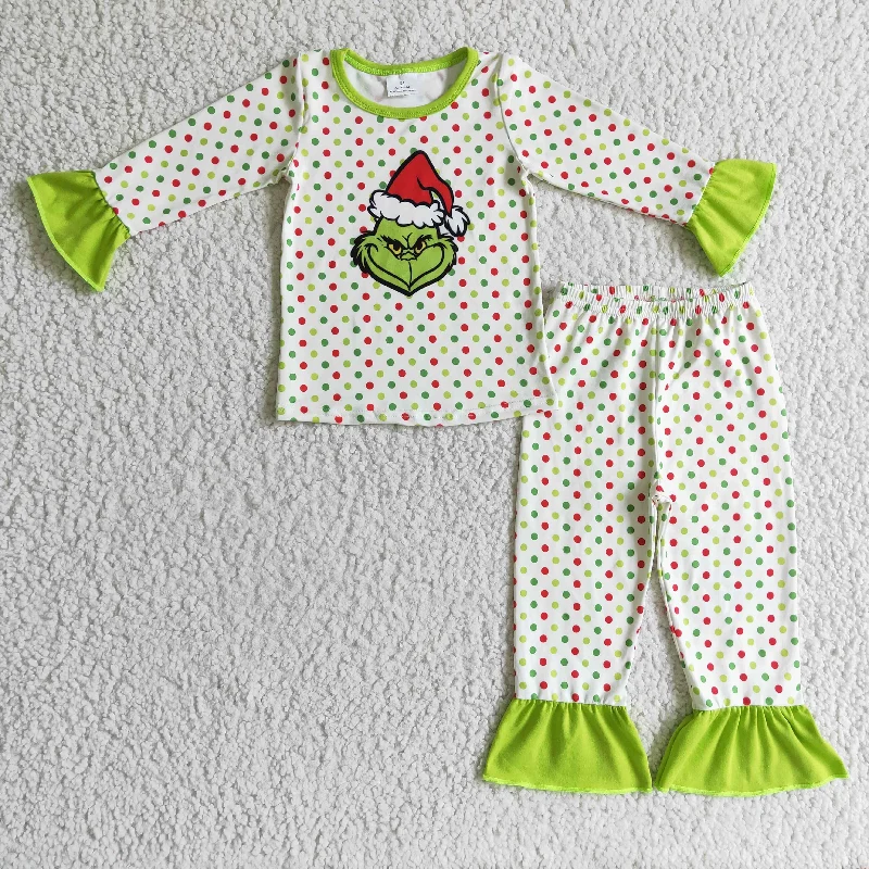 6 B10-25 Christmas Santa Green Dots Cartoon Girls Long Sleeve Pants Outfits Pajamas Bold Men's Statement