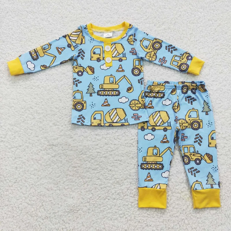 BLP0243 Yellow Blue Truck Boys Long Sleeve Pants Outfits Pajamas Practical Men's Quick