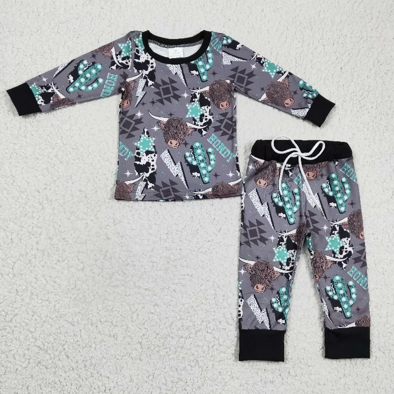 promotion BLP0154  Black Highland Cow Cactus Howdy Western Boys Long Sleeve Pants Outfits Pajamas Adventure