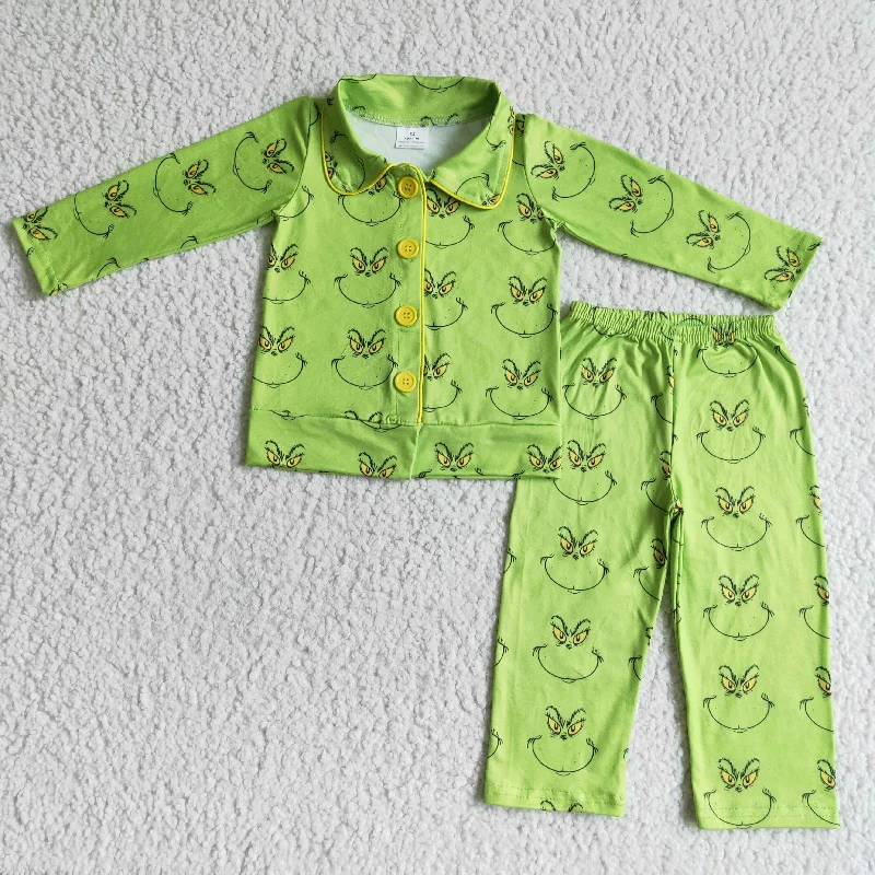 6 B8-38 Christmas Green Cartoon Boys Long Sleeve Pajamas Dynamic Men's Glow