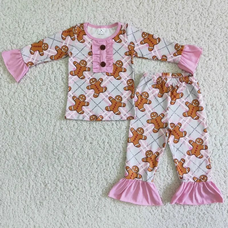 Clearance 6 A1-27 Christmas Gingerbread Cartoon Pink Girls Long Sleeve Pajamas Polished Men's Silk